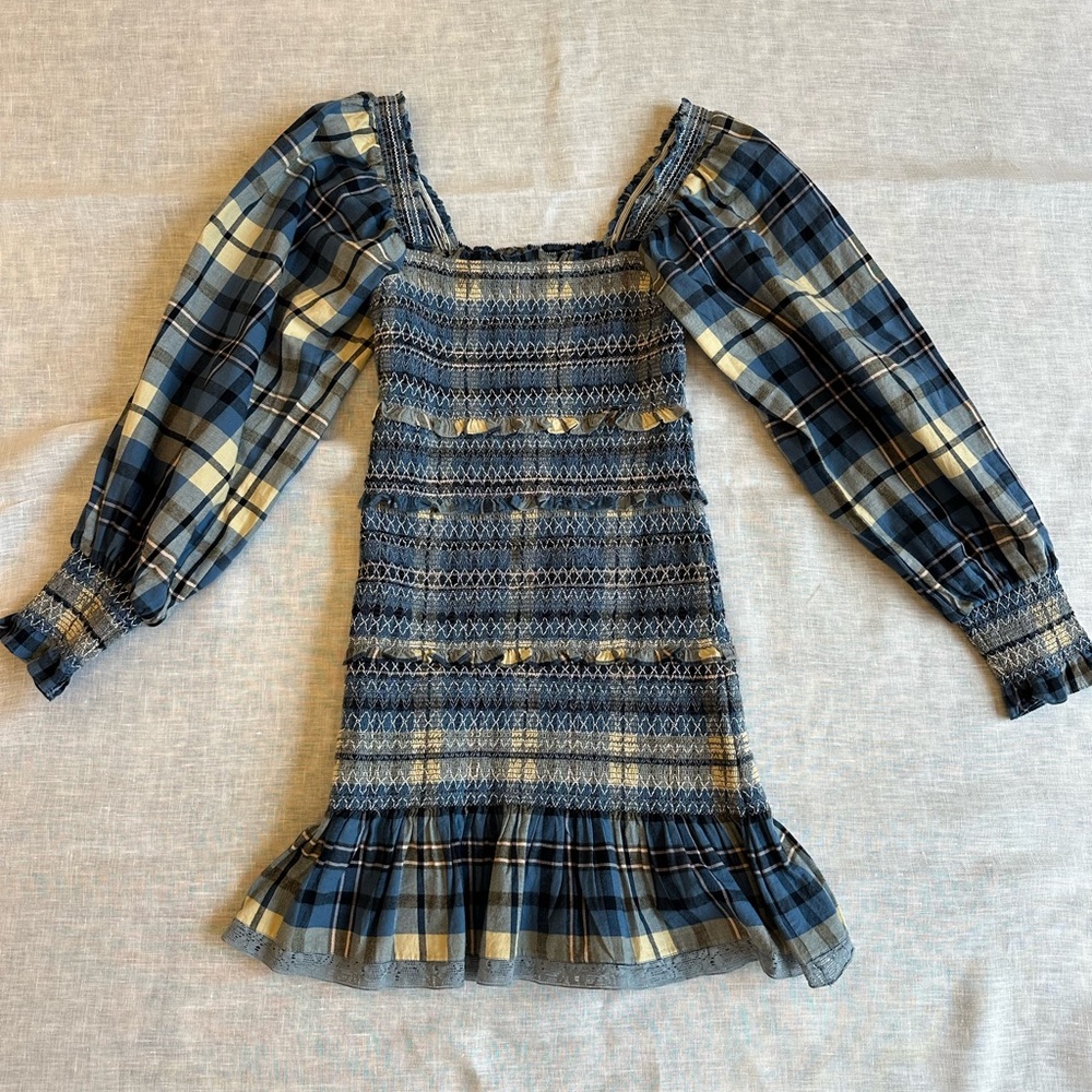 LoveShackFancy plaid long sleeve mini fitted stretch body and ruffle bottom